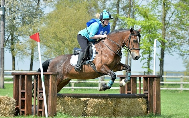 A horse and rider jumping a fence in a show jumping competition