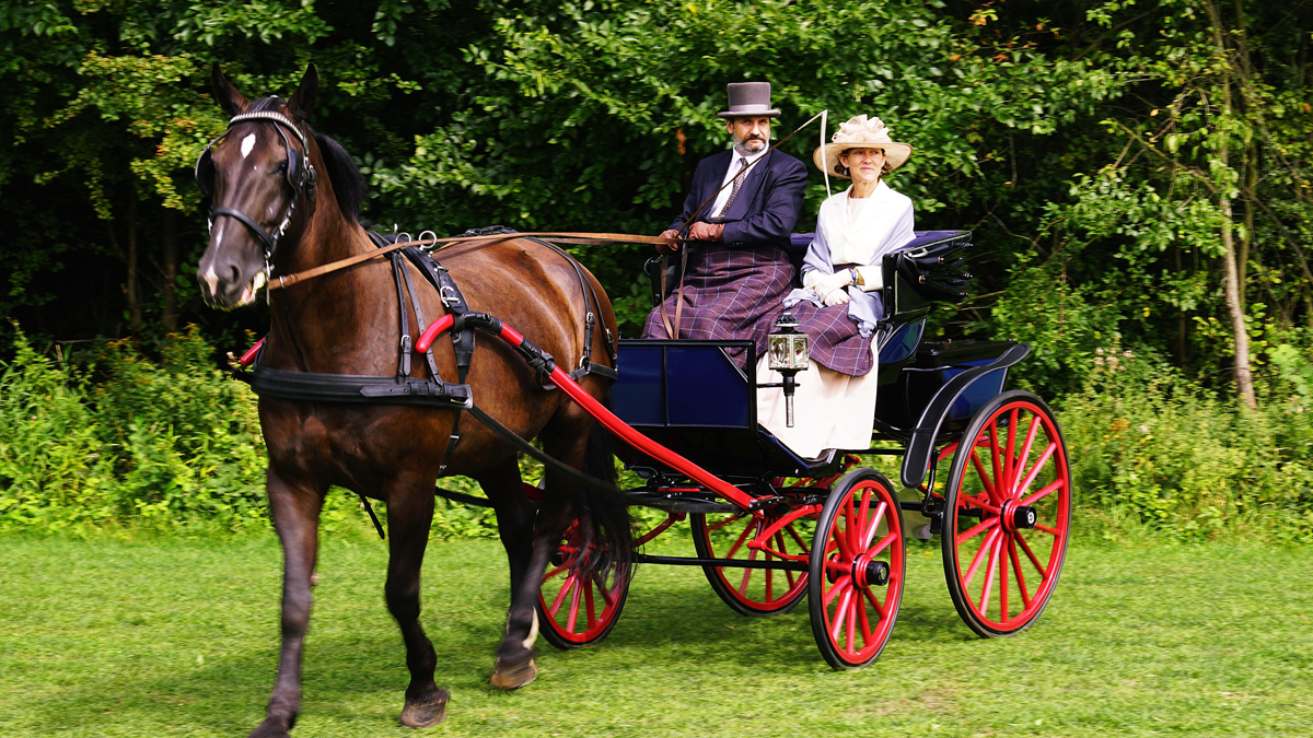 A horse drawn cart with two passengers