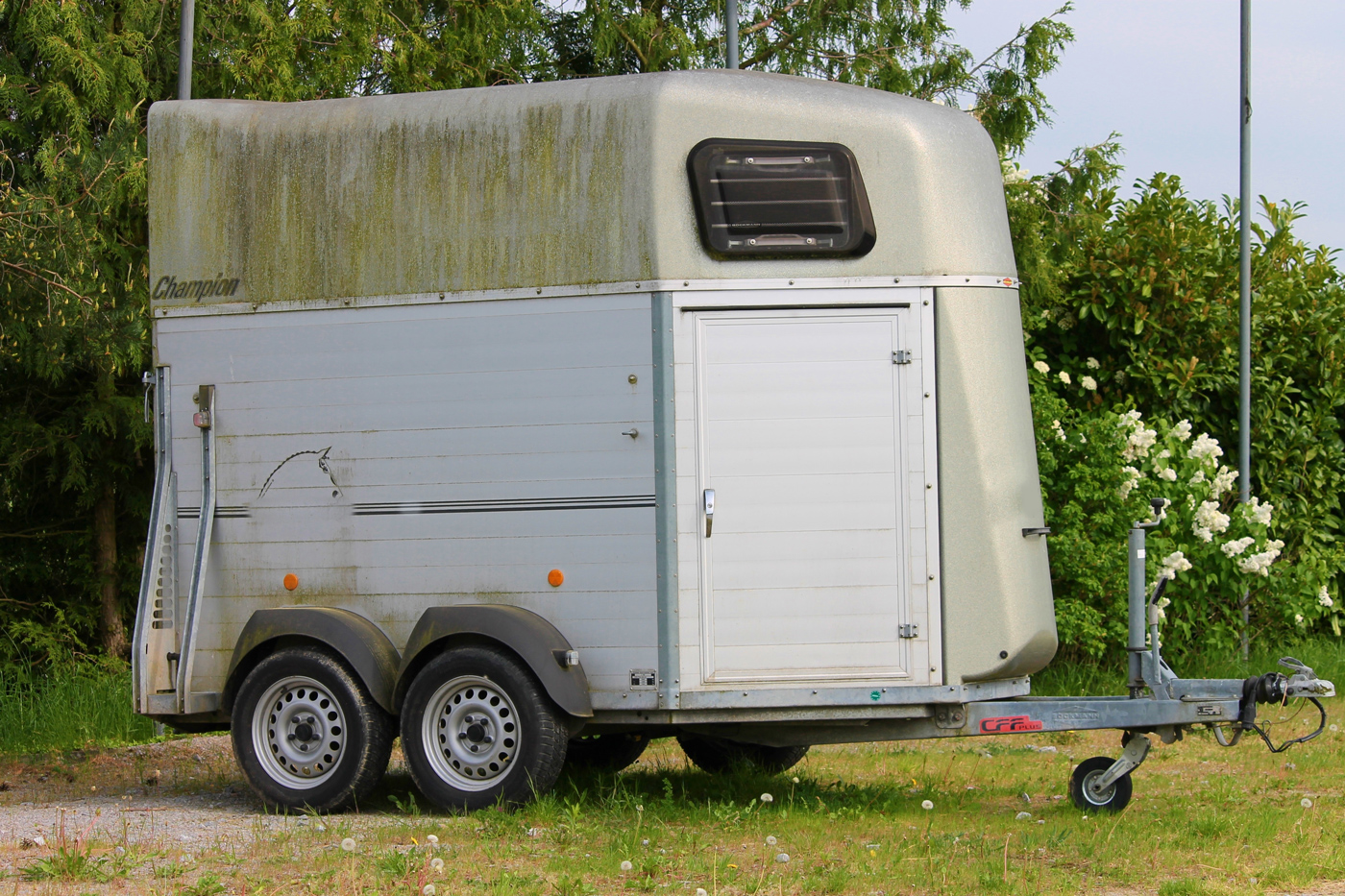 A horse box with a mossy layer on its roof parked in a yard