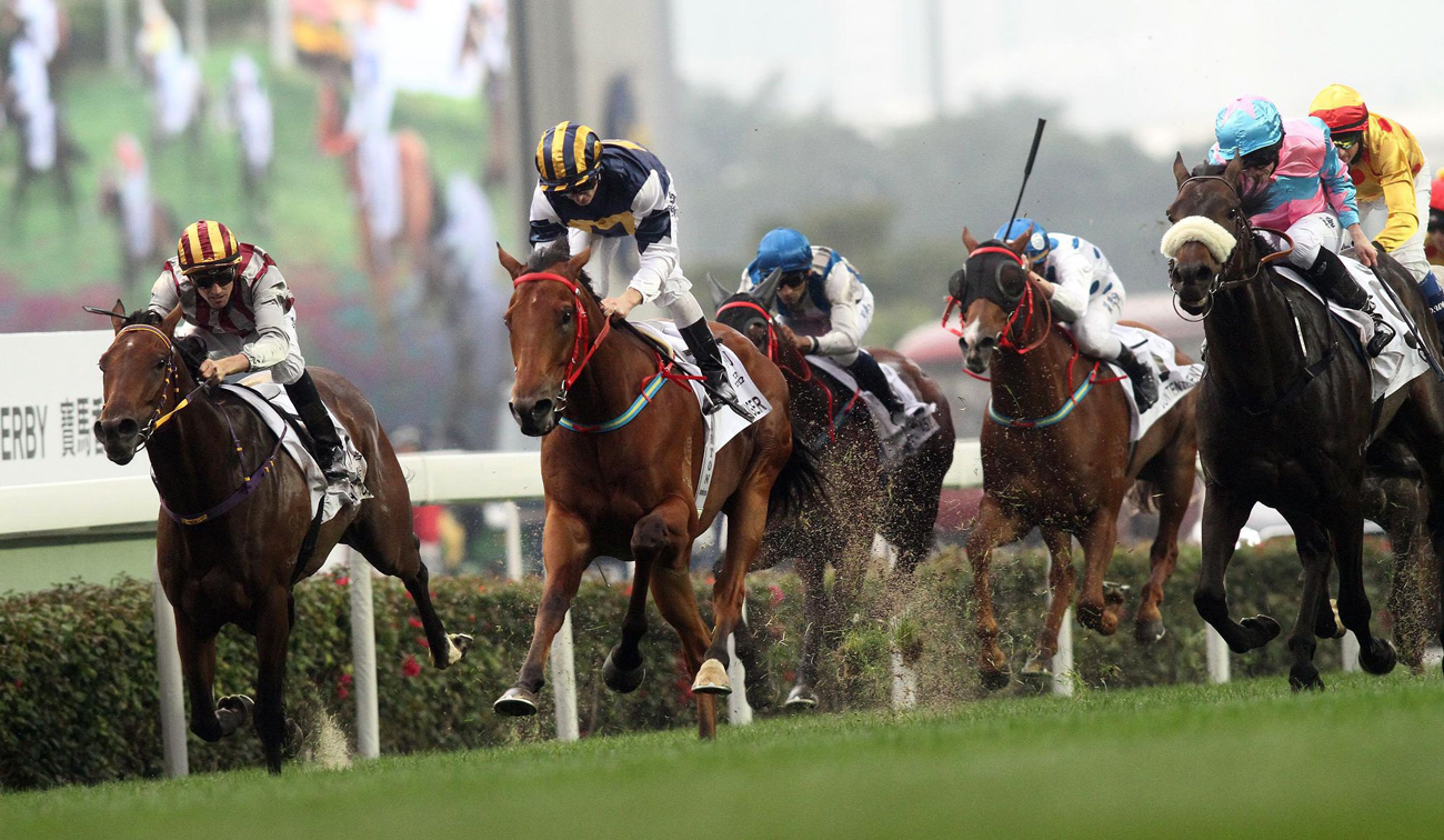 A horse race taking place with a pack of horses and jockeys flying along a straight